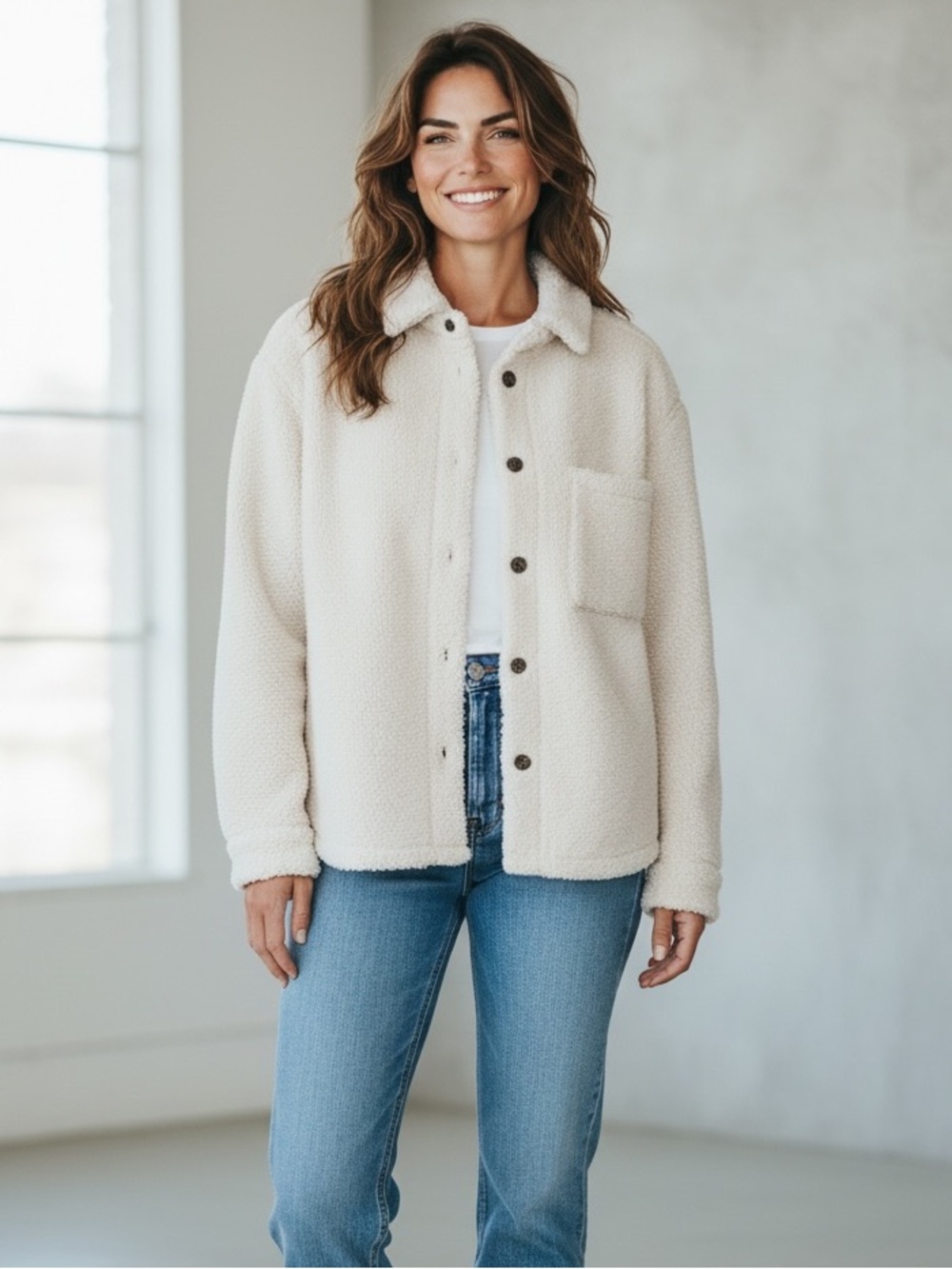 NWT Industry Sherpa Jacket Cream Teddy Fleece Shacket Oversized Women’s L Unisex